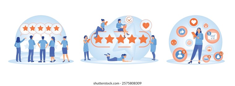 Online Survey concept. People providing and interacting with feedback, rating systems, and social media elements. Set Flat vector illustration.