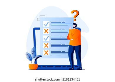 Online survey concept with people scene in flat cartoon design. Man thinking and fills out form of questionnaire, marking correct and incorrect answers. Vector illustration visual story for web