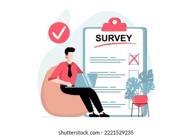 Online survey concept with people scene in flat design. Man participates in marketing research and answers questions in digital questionnaire. Vector illustration with character situation for web