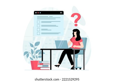 Online survey concept with people scene in flat design. Woman thinking and marking answers in questionnaire, fills voting form using laptop. Vector illustration with character situation for web