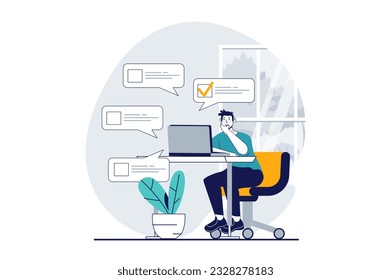 Online survey concept with people scene in flat design for web. Man giving feedback with user experience and answering questions. Vector illustration for social media banner, marketing material.