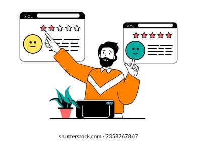 Online survey concept with people scene in flat web design. Man giving different feedback with stars and user experience comments. Vector illustration for social media banner, marketing material.