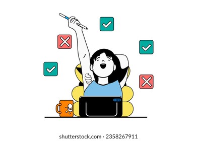 Online survey concept with people scene in flat web design. Woman answering exam and choosing between positive and negative checkbox. Vector illustration for social media banner, marketing material.