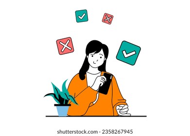 Online survey concept with people scene in flat web design. Woman putting checkbox in form and leaving user experience feedback. Vector illustration for social media banner, marketing material.