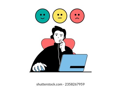 Online survey concept with people scene in flat web design. Man leaving feedback and choosing between positive and negative emoticon. Vector illustration for social media banner, marketing material.