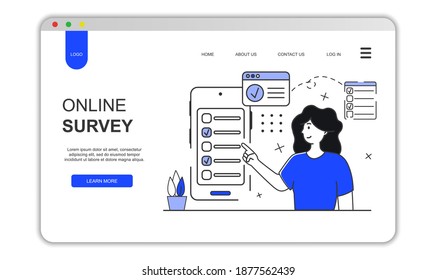 Online survey concept. Phone application for survey. Woman with mobile.