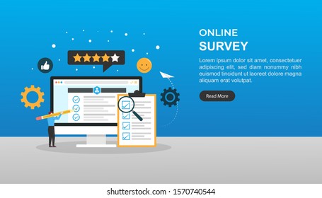 online survey concept. questionnaire that the target audience to create as Web forms with a database to store the answers and statistical software to provide analytics. landing page illustration