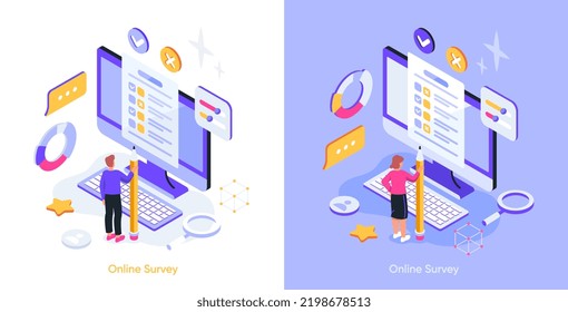 Concepto de encuesta en línea. Conjunto de hombres y mujeres parados frente a la pantalla del ordenador y respondiendo preguntas de prueba o examen. Cuestionario público en Internet. Colección de ilustraciones vectoriales isométricas de dibujos animados