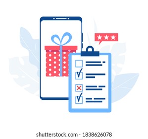 Online survey concept. Smartphone with gift box and questionnaire. Vector illustration