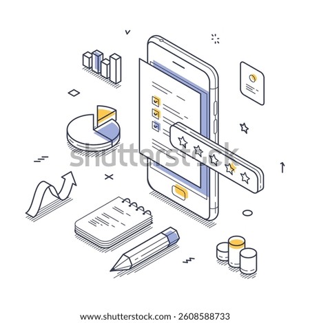 Online survey concept. Smartphone interacting with various data visualization elements. It features graphs, charts, and feedback options to highlight user engagement metrics in a contemporary style