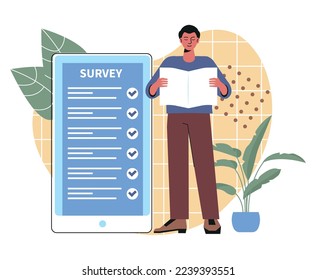 Online survey concept. Smiling guy stands next to smartphone and answers questionnaire. Positive rating, comment or feedback. Service quality review. User Experience. Cartoon flat vector illustration