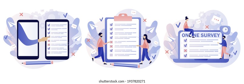 Online survey concept. Tiny people filling online survey form on smartphone or laptop. Feedback service. Modern flat cartoon style. Vector illustration on white background