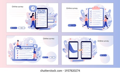 Online survey concept. Tiny people filling online survey form. Feedback service. Screen template for mobile smart phone, landing page, template, ui, web, mobile app, poster, banner, flyer. Vector 