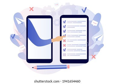 Online survey concept. Tiny people filling online survey form in smartphone app. Feedback service. Internet surveying, questionnaire, customers voting.  Modern flat cartoon style. Vector illustration