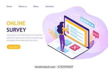 Online Survey concept using a laptop computer with a young woman standing on the keyboard filling in ticks and crosses on a questionnaire on the screen,, colored vector illustration