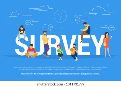 Online survey concept vector illustration of people using laptop and smartphone mobile app for fulfilling checklist or leaving a feedback for online service. Flat guys and young women near big letters