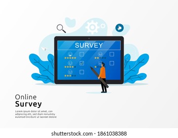 Online survey concept vector illustration. Man checking giant tablet screen symbol.