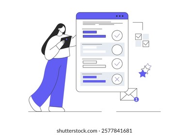 Online survey concept. Woman Character put cross or tick in questionnaire or quiz on web page. Flat Cartoon Vector Illustration, icon. Stylish abstract  