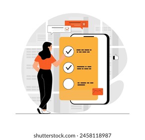 Online-Umfrage. Eine Frau, die Rückmeldung gibt und Fragen beantwortet, die Checkbox in mobiler Form kennzeichnet. Illustration mit Menschen Szene in flachem Design für Website und mobile Entwicklung.