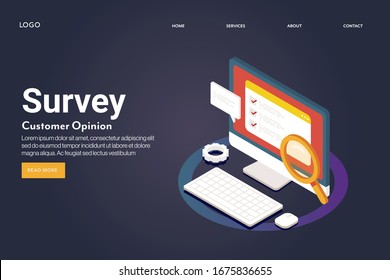 Online-Umfrage, Kundenbefragung im Internet, Business-Umfrage - konzeptionelle isometrische Vektorgrafik, 3D-Landing-Page-Vorlage