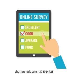 Online Survey. Customer Service Feedback On Screen Tablet. Flat Style Vector Illustration Isolated On White Background.