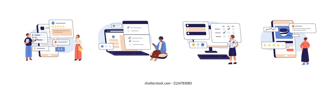 Online survey and customers feedback concept. Assessment of users experience of services, opinions, questionnaire forms and checklists. Flat graphic vector illustrations isolated on white background