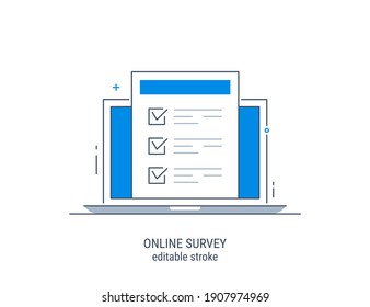 Online survey. Editable stroke. Vector illustration. Flat concept with quality test and satisfaction report. Feedback from customers or opinion form.