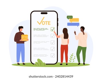 Encuesta en línea, elecciones, votación electrónica en aplicación móvil. Pequeñas personas votan en forma digital con una lista en la pantalla del teléfono, sosteniendo urnas para retroalimentación de los votantes y sugeryendo ilustración vectorial de caricatura