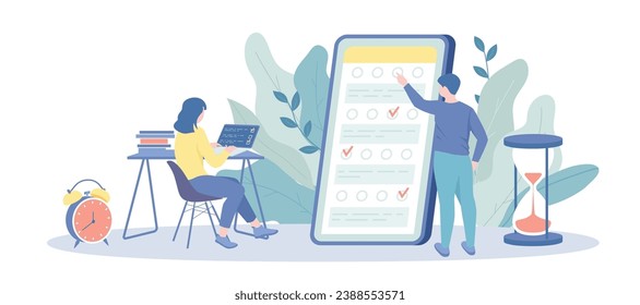 Encuesta en línea, examen, prueba de estudiantes, cuestionario. Persona eligiendo respuestas. Marcas de verificación de prueba digitales. Ilustración vectorial con situación de carácter para web.	
