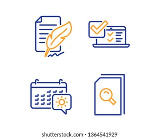 Online survey, Feather signature and Travel calendar icons simple set. Search files sign. Quiz test, Feedback, Trip planning. Magnifying glass. Business set. Linear online survey icon. Vector