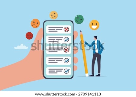 Online survey feedback, client or customer satisfaction review, mobile application, website for quality questionnaire, evaluation concept, businessman giving feedback on online survey on smartphone.