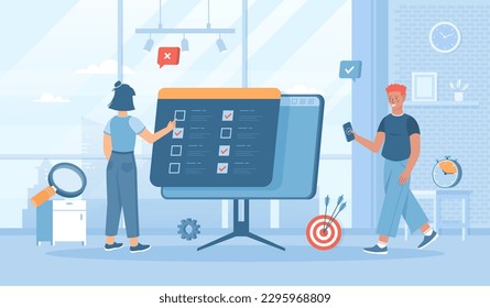 Online survey. Fills out an online questionnaire, survey form, making online testing for examination. Flat cartoon vector illustration with people characters for banner, website design or landing page