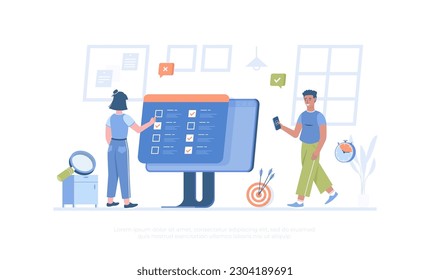 Online survey. Fills out an online questionnaire, survey form, making online testing for examination. Cartoon modern flat vector illustration for banner, website design, landing page.	
