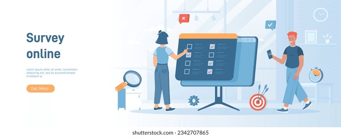 Online survey. Fills out an online questionnaire, survey form, making online testing for examination. Flat concept great for social media promotional material. Website banner on white background.