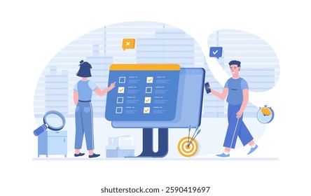 Online survey. Fills out an online questionnaire, survey form, making online testing for examination. Vector illustration with characters in flat design for web banner.	
