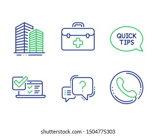 Online survey, First aid and Quickstart guide line icons set. Question mark, Skyscraper buildings and Call center signs. Quiz test, Medicine kit, Helpful tricks. Quiz chat. Business set. Vector