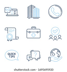 Online survey, First aid and Quickstart guide line icons set. Diploma certificate, save planet, group of people. Question mark, Skyscraper buildings and Call center signs. Vector