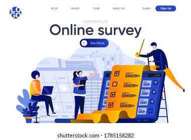 Online Umfrage flache Landungsseite. Befragte, die eine Checkliste ausfüllen Webpage Zusammensetzung mit Personen Zeichen. Online-Umfrage-Service zur Erfassung von Stimmen und Meinungen von Menschen Vektorgrafik.