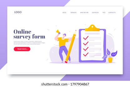 Online Survey Form Business Concept With Tiny Person With Megaphone, Pencil Nearby Giant Clipboard Complete Checklist And Check Mark Ticks Flat Style Design Vector Illustration Landing Page Template.