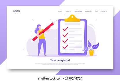 Online Survey Form Business Concept With Tiny Person With Pencil Nearby Giant Clipboard, Complete Checklist And Check Mark Ticks Flat Style Design Vector Illustration Landing Page Template.