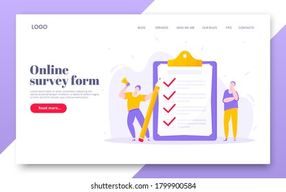 Online Survey Form Business Concept With Tiny Person With Megaphone, Pencil Nearby Giant Clipboard Complete Checklist And Check Mark Ticks Flat Style Design Vector Illustration Landing Page Template.