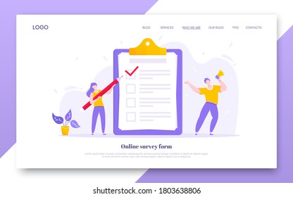 Online Survey Form Business Concept With Tiny People With Megaphone, Pencil Nearby Giant Clipboard Complete Checklist And Check Mark Ticks Flat Style Design Vector Illustration Landing Page Template.