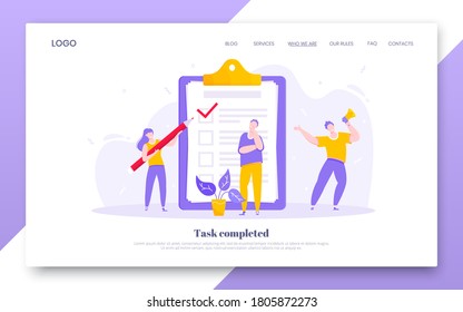 Online Survey Form Business Concept With Tiny People With Megaphone, Pencil Nearby Giant Clipboard Complete Checklist And Check Mark Ticks Flat Style Design Vector Illustration Landing Page Template.