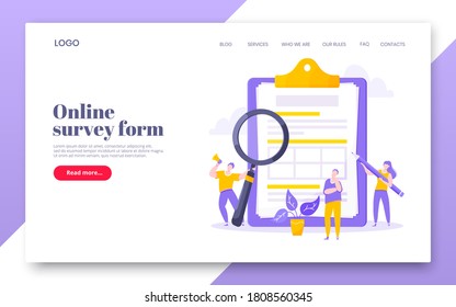 Online Survey Form Business Concept With Tiny People With Megaphone, Pencil Nearby Giant Clipboard Complete Checklist And Check Mark Ticks Flat Style Design Vector Illustration Landing Page Template.