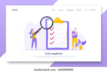 Online Survey Form Business Concept With Tiny People With Megaphone, Pencil Nearby Giant Clipboard Complete Checklist And Check Mark Ticks Flat Style Design Vector Illustration Landing Page Template.