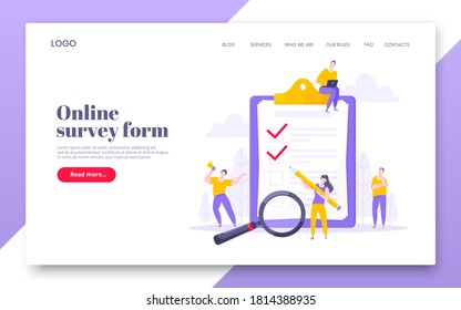 Online Survey Form Business Concept With Tiny People With Megaphone, Pencil Nearby Giant Clipboard Complete Checklist And Check Mark Ticks Flat Style Design Vector Illustration Landing Page Template.