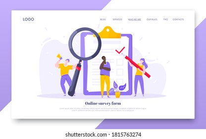 Online survey form business concept with tiny people with megaphone, pencil nearby giant clipboard claim form and flat style design vector illustration landing page template.