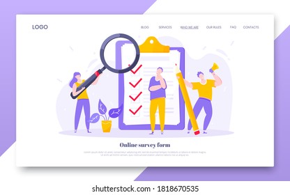 Online Survey Form Business Concept With Tiny People With Megaphone, Pencil Nearby Giant Clipboard Complete Checklist And Check Mark Ticks Flat Style Design Vector Illustration Landing Page Template.