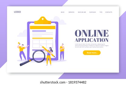 Online Survey Form Business Concept With Tiny Person With Megaphone, Pencil Nearby Giant Clipboard Complete Checklist And Check Mark Ticks Flat Style Design Vector Illustration Landing Page Template.