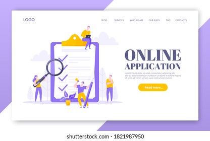 Online Survey Form Business Concept With Tiny Person With Megaphone, Pencil Nearby Giant Clipboard Complete Checklist And Check Mark Ticks Flat Style Design Vector Illustration Landing Page Template.